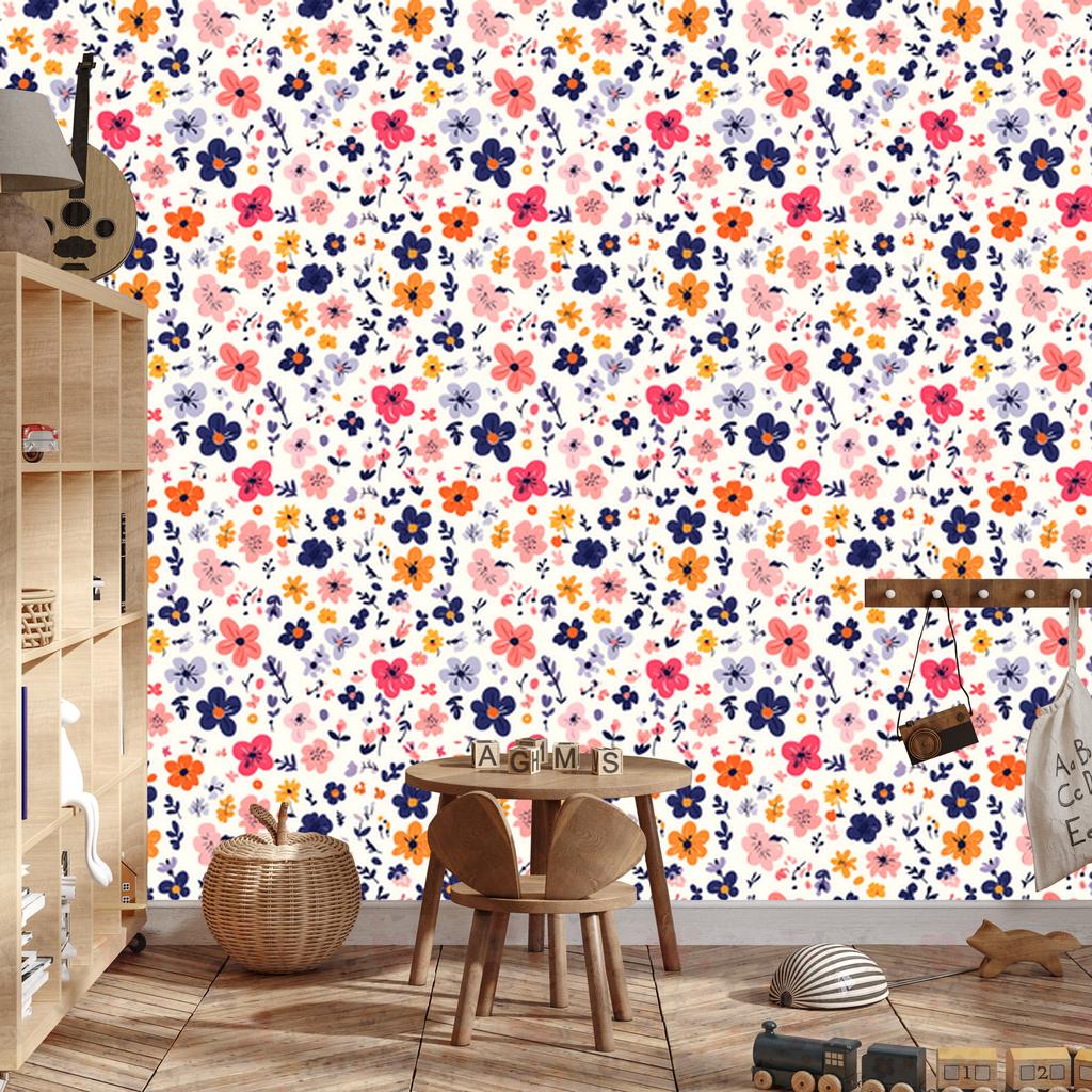 Cottagecore Flowers Wallpaper White, Light Gray and Coral 50x1000