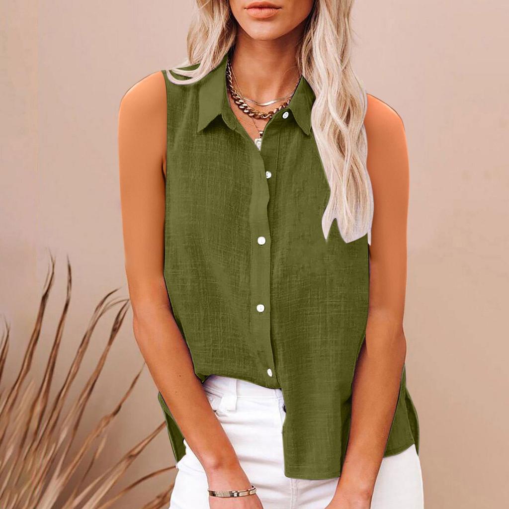 2025 European and American summer popular lapel cotton and linen buttons, sleeveless shirts women's clothing, shirts