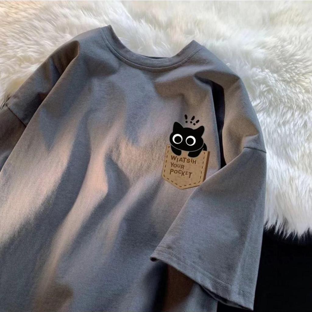 Couple's American-Style Cotton T-Shirt with Fake Pocket Print