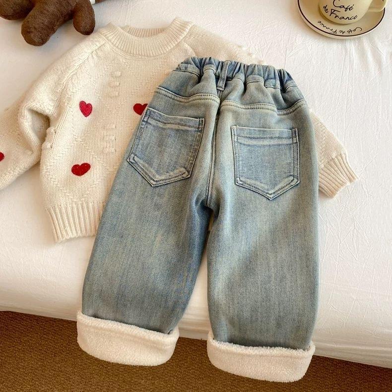 Girls Padded Denim Pants Children's Thickened Pants Winter New Warm Trousers Autumn Fashion Straight-Leg Trousers Baby Clothes