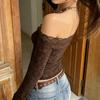 Melaleuca Brown One-Shoulder Lace Bell Sleeve Slim-Fit T-Shirt