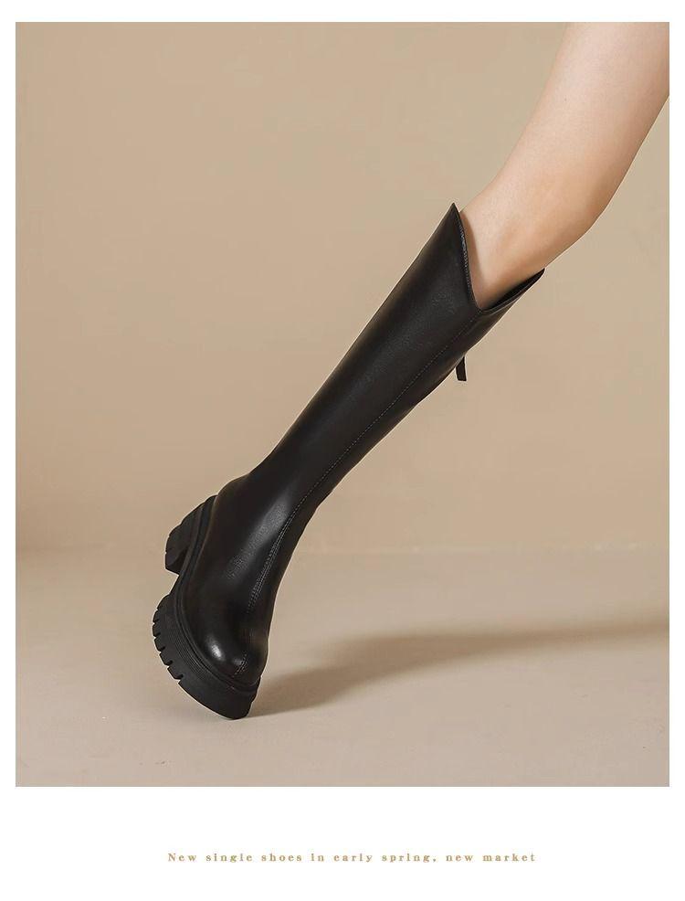 Stivali da donna marroni in vera pelle con scollo a V, altezza sopra il ginocchio, rialzanti, con suole spesse (Autunno 2025)