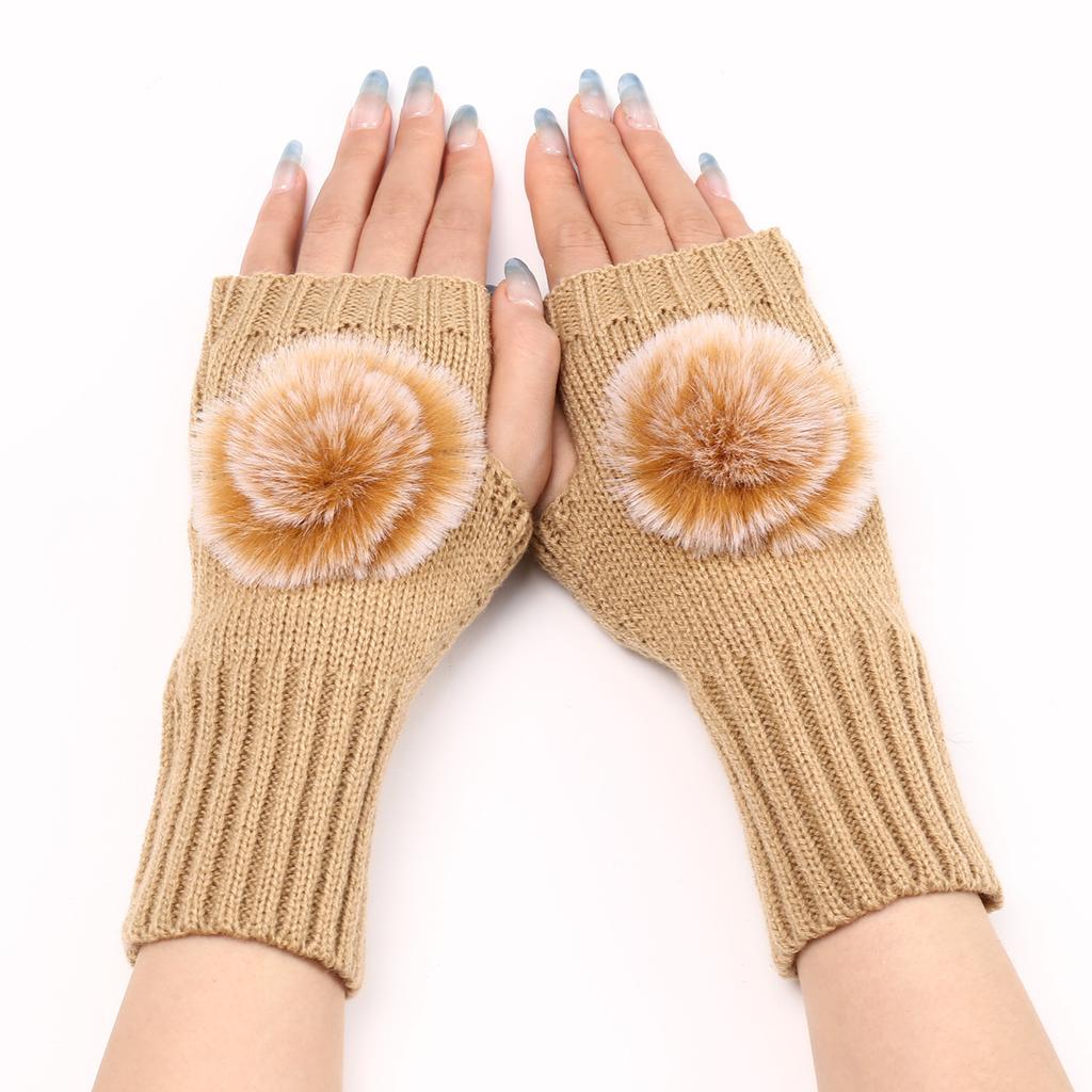 New Short Pom Pom Gloves for Women's Fashion Autumn and Winter Knitted Woolen Sleeve Sleeves for Warmth  Half Finger Exposed Gloves
