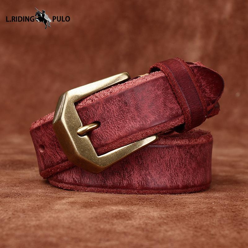 Thickened Genuine Leather Top Layer Cowhide Belt Men's Copper Buckle Rough Edge Fur Bottom Retro Washed Belt