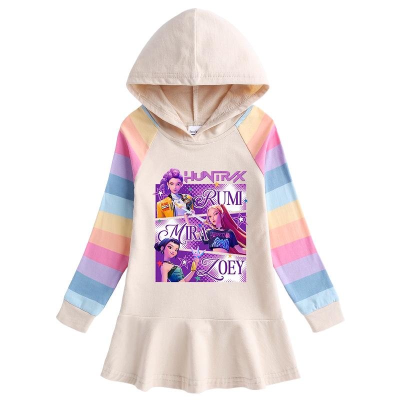 Spring Autumn Kpop Witch Hunting Team Lotus Leaf Edge Cartoon Rainbow Girls' Dress Cotton Long Sleeve Hoodie Hundred Fold Princess Dress
