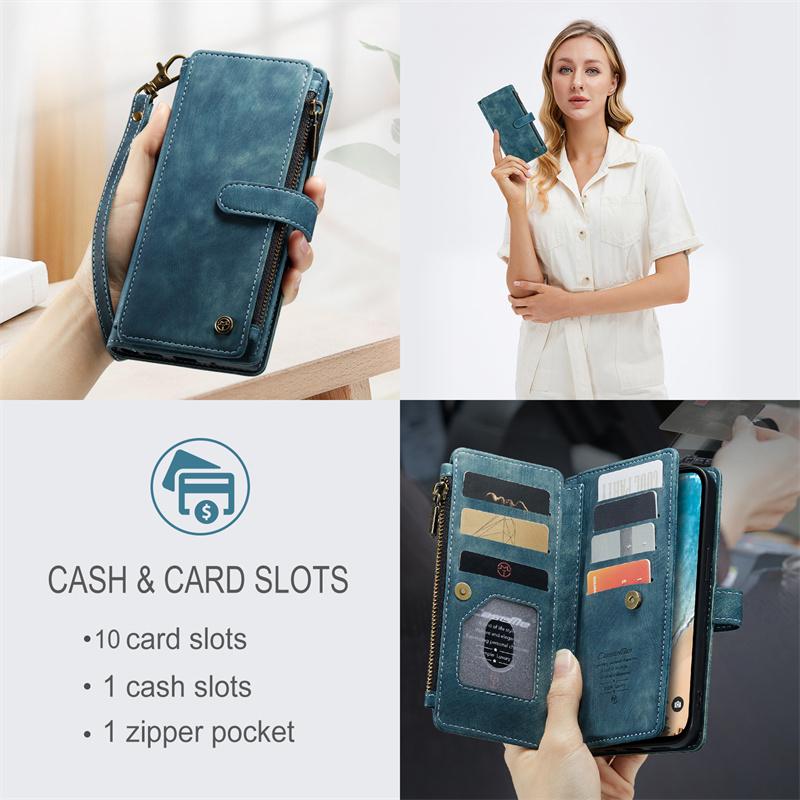 CaseMe Flip Leather Phone Case For iPhone 17 Pro Max 16 Plus 15 14 13 12 11 XS XR X Samsung S26 S25 FE S24 Ultra S23 S22 S21 Zipper Wallet Cards Cover