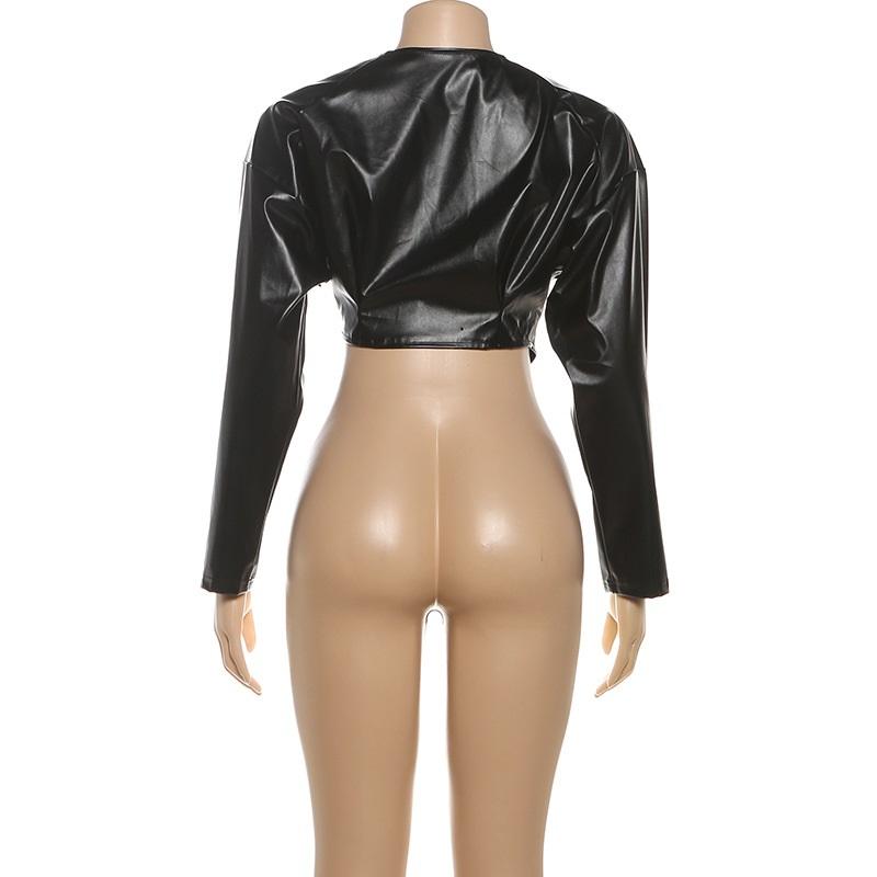 Letní dámská módní stylová vypasovaná zkrácená bunda z PU kůže jednobarevná ležérní