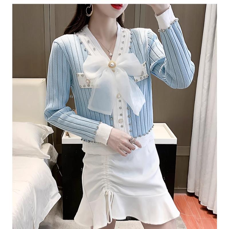 Spring Autumn Women Full Sleeve V-neck Luxury Diamond Beading Bowtie Knitted Sweater Single Breasted Cardigans Tops