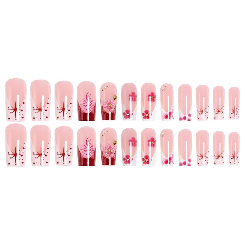 24-Piece European & American 3D Floral Wearable False Nails with Middle Water Pipe Design