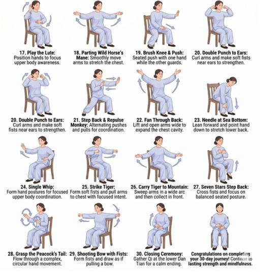 2Pcs Chair Exercise for Seniors 30-Day Plan Poster Seated Tai Chi Workout Chart for Elderly Low Impact Mobility Fitness