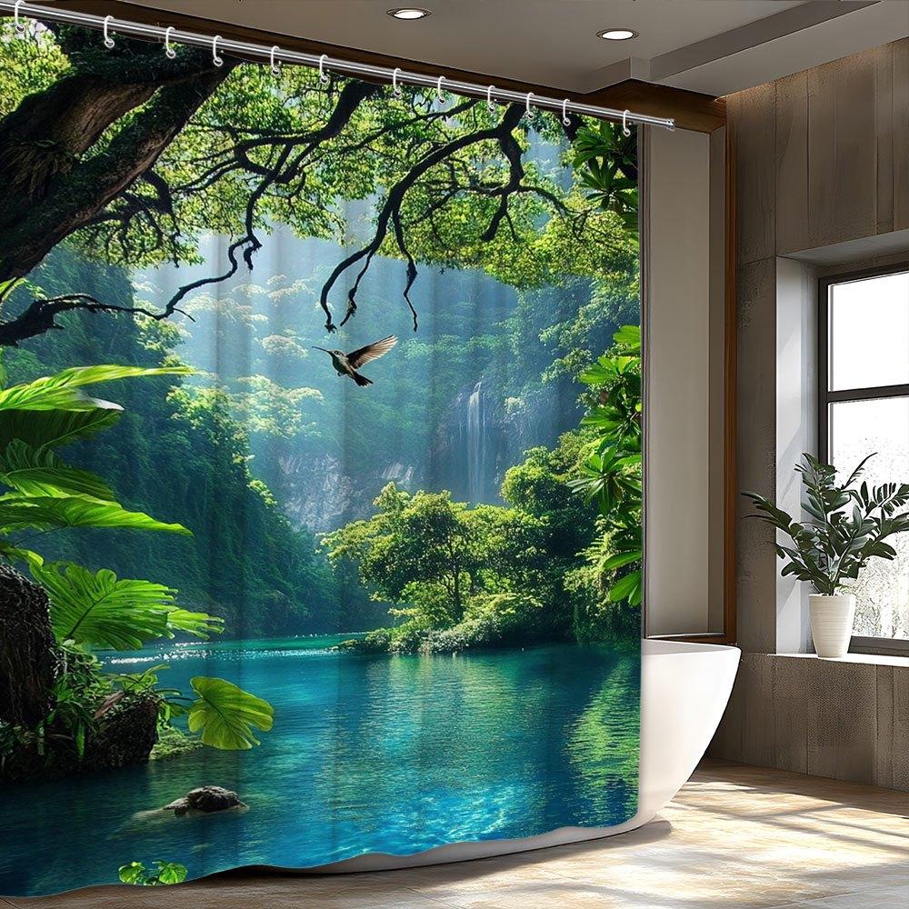 Transform Your Bathroom with This Waterproof Shower Curtain Featuring a Lush Tropical Paradise for a Relaxing Escape