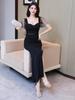 Elegant Black Square Neck Slit Dress - Women's Nightclub Evening Gown for Foot Bath Technician Workwear