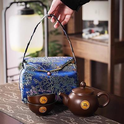 Printed Storage Bag with Cotton Lining, Small Travel Handbag Simple One-pot Two-Cup Set Teacup Bags