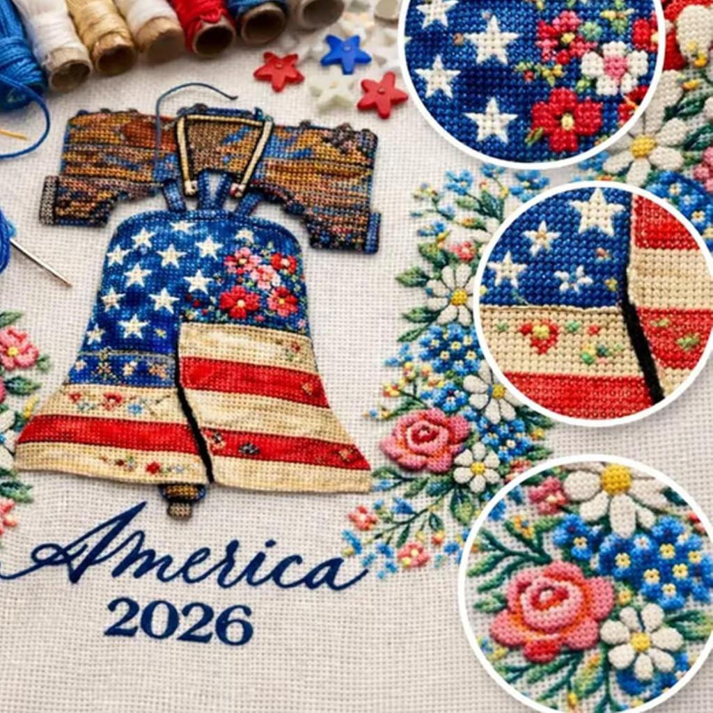 Americas 250th Anniversary Cross Kit with Liberty Bell and Floral Pattern for Handcraft Embroidery Projects 2026 Edition