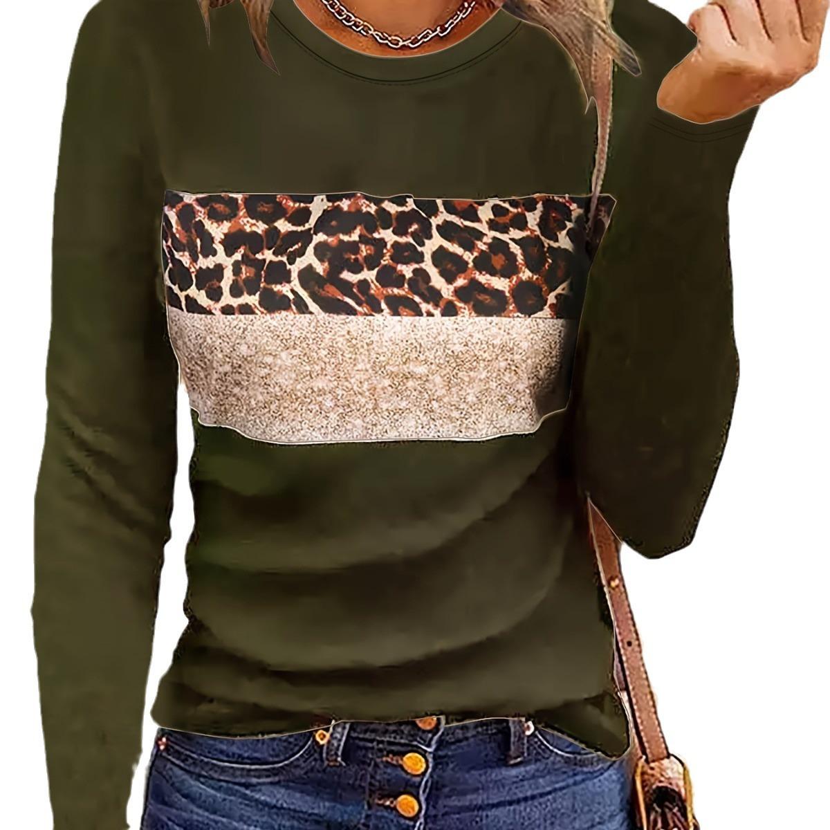 

Весенне-осенние футболки с круглым вырезом и 3D-принтом леопардового узора, модные повседневные женские футболки с длинным рукавом S