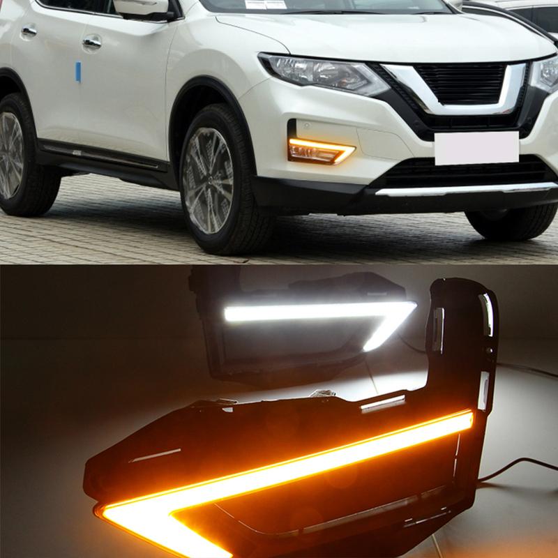 DRL For Nissan X-Trail Xtrail X trail 2017 2018 Daytime Running Lights fog lamp cover 12V Daylight with yellow signal
