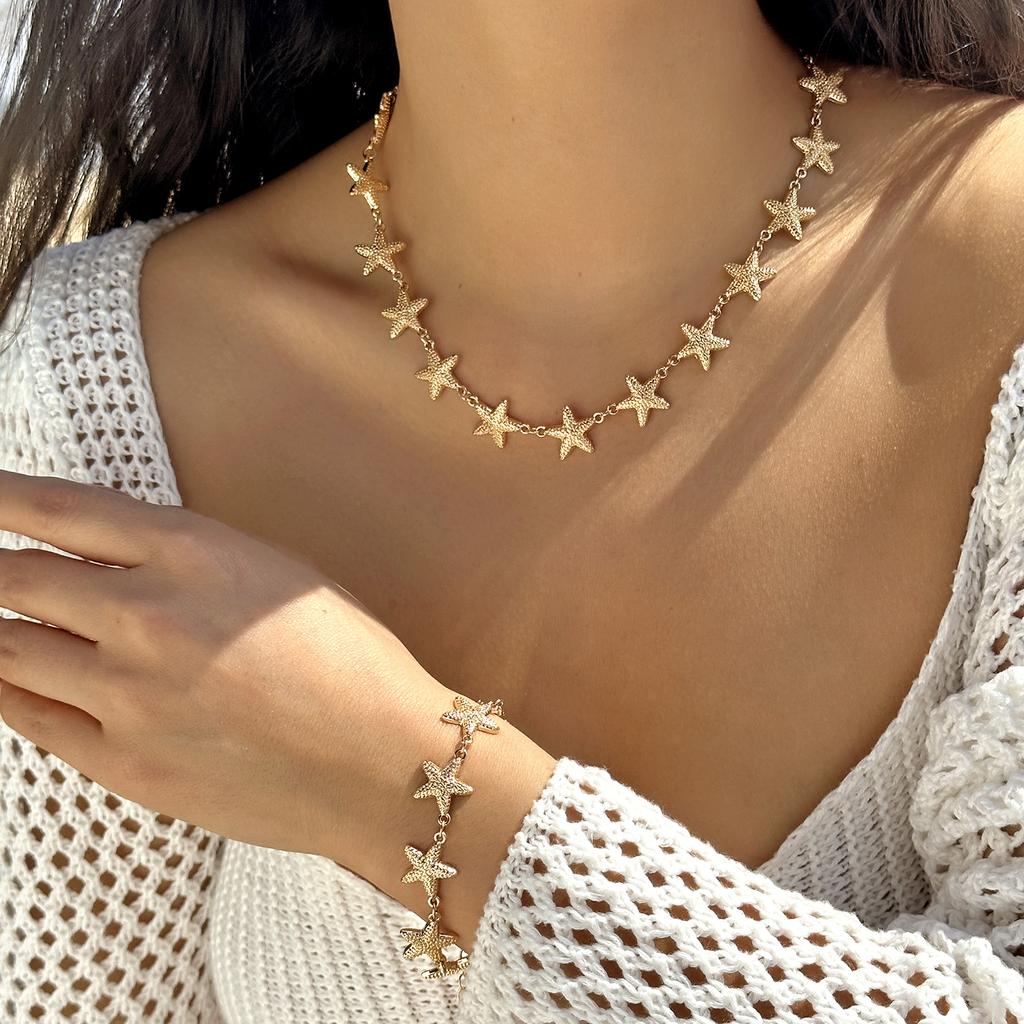 Bohemian Metal Starfish Pendant Necklace Bracelet Set for Women Girls Gold Color Starfish Choker Beach Holiday Party Jewelry