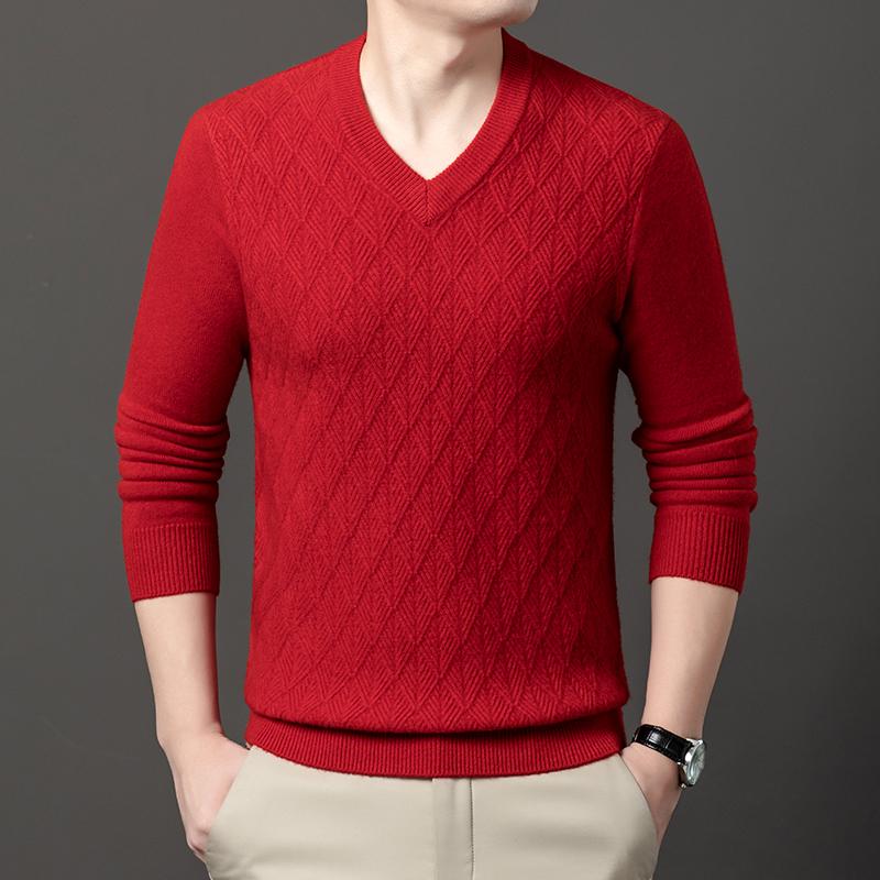 Autumn Winter 100% Sheep Wool Men's Sweater V-Neck Jacquard Smart Casual High Quality Knit Pullovers