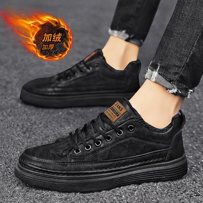Trendige Retro vielseitige Herrenschuhe Winter Samt warm lässige Lederschuhe schwarz flache Bodenschuhe