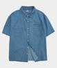 SOMEPLACE MAN Fade Wash Denim Double Pocket Button Work Oversized Collared Short Sleeve Shirt [Light Blue]