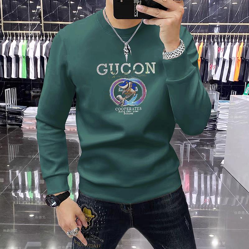 European Trend Men's Round Neck Double-Sided Cotton Hoodie - Comfortable Versatile Plus Velvet Long Sleeve Casual Top for Autumn/Winter