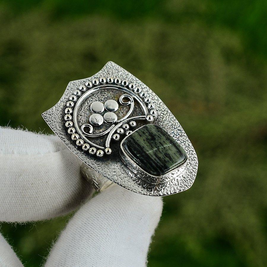 925 Sterling Silver Silver Leaf Jasper Gemstone Mother Statement Ring Jewelry Adjustable