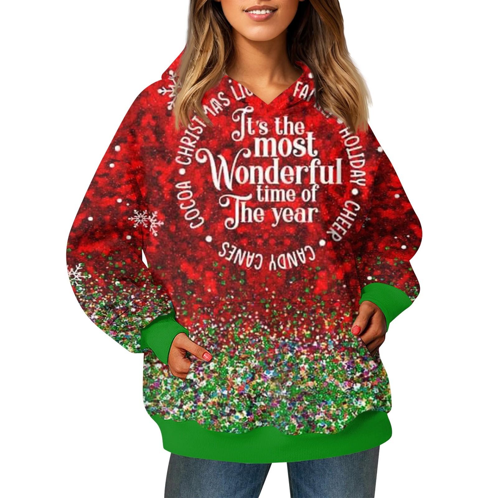 

Женский модный свитер с длинными рукавами и рождественским принтом, с капюшоном и карманом XL винный