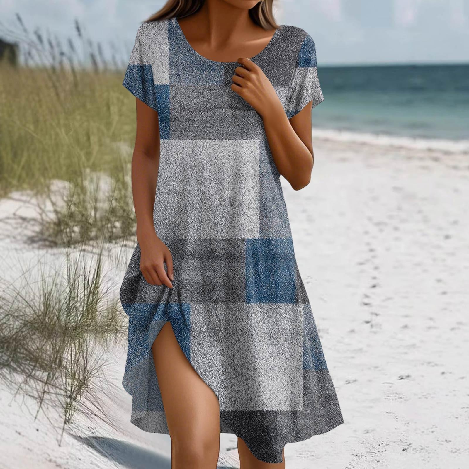 

Платье в стиле бохо с коротким рукавом для женщин, повседневное, свободного кроя, летнее, сарафан с цветочным принтом и карманами XXL