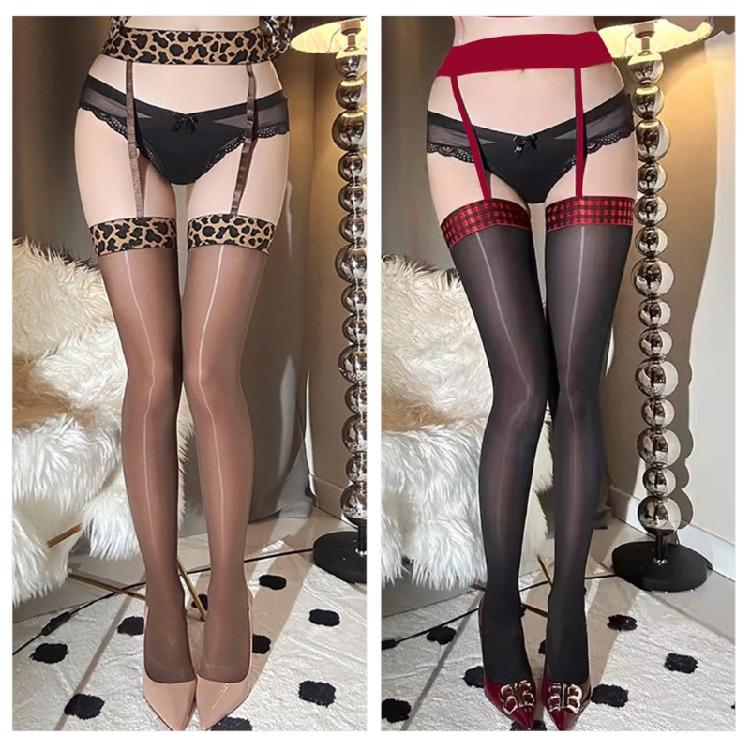 Leopard Print Top Suspender Tights Oil Glossy Finish Thigh High Stockings High Waist Shimmery Silk Pantyhose for Women