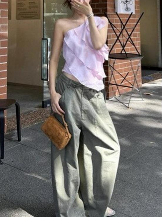

Soft Light Gauze 57 Lyocell Linen Ruffle One-Shoulder Camisole Crop Top S малиновый розовый