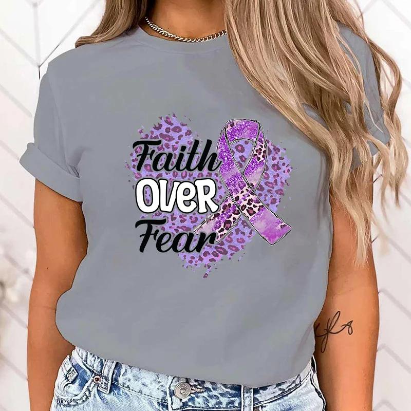 (High Quality T Shirt)Fashion Faith Over Fear Alzheimer'S Awareness Print Hip Hop Short Sleeve Women Summer Cool Casual tops