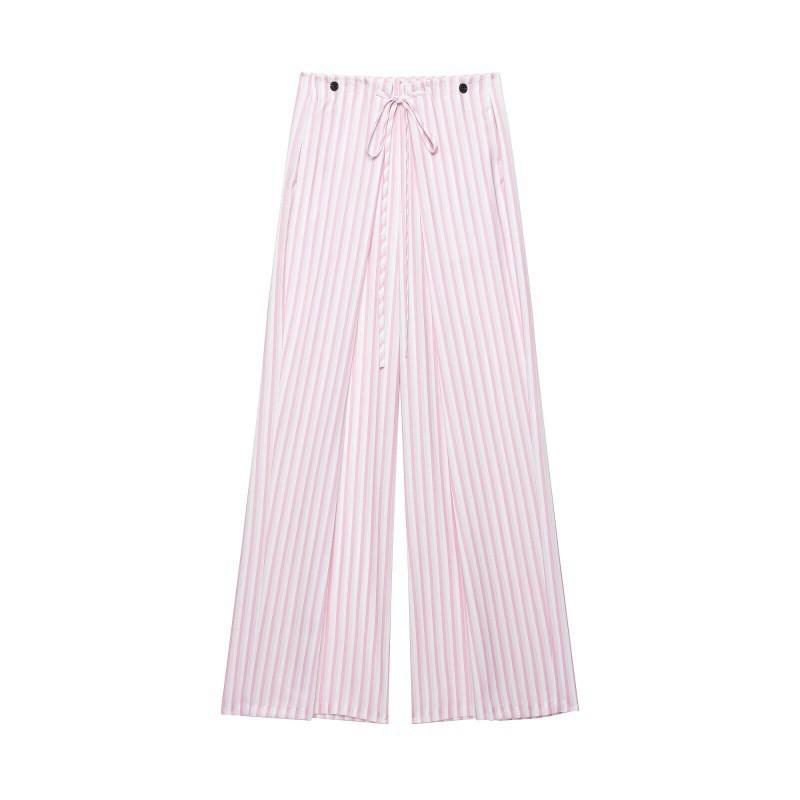 Damen 2026 Locker sitzende High-Waist Gestreifte Weitbeinige Hosen Verstellbarer Bund Bequeme Freizeithosen