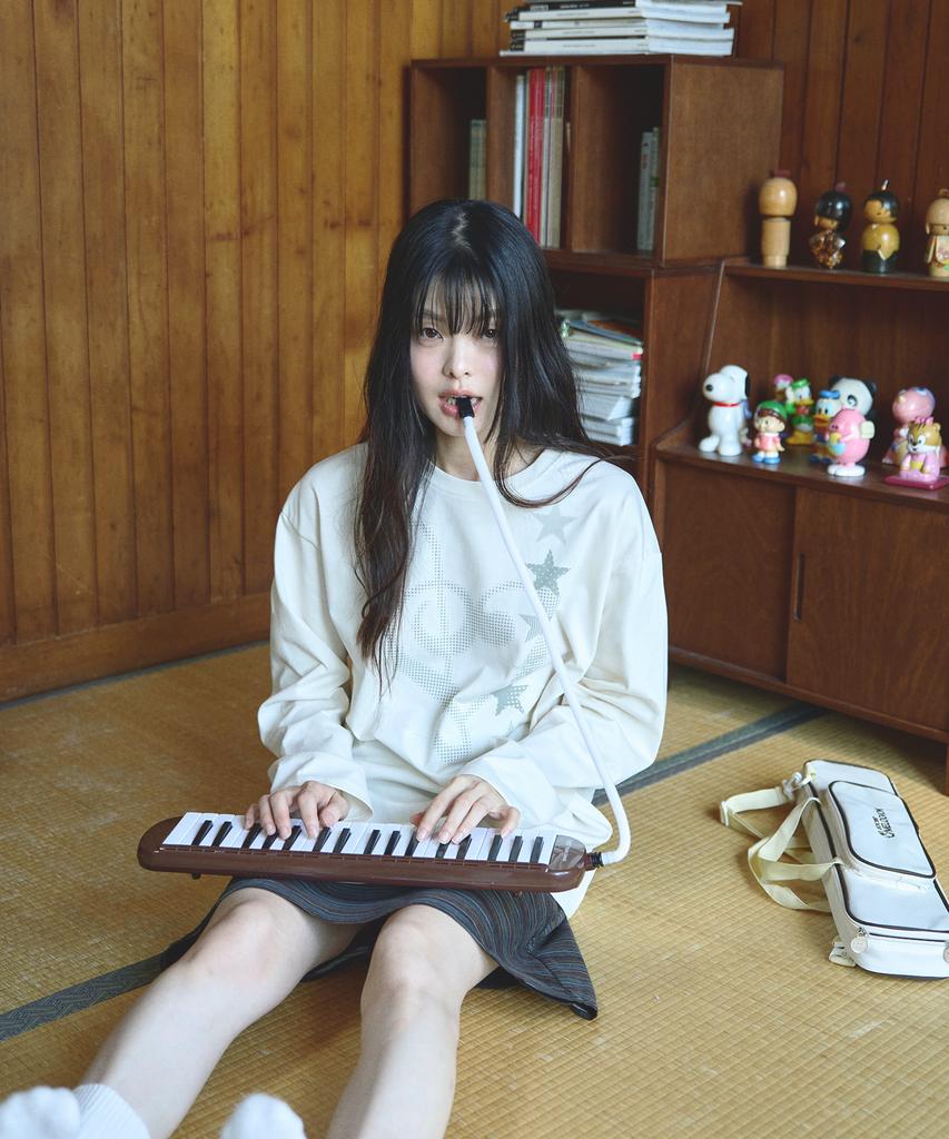 MIHEV Music Note Graphic Oversized Long Sleeve Cream