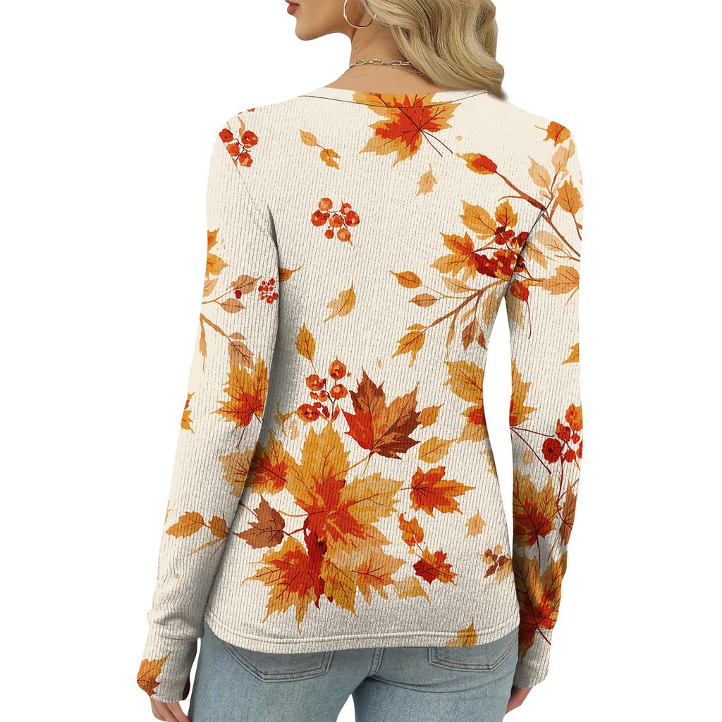 Women's Fitted Long Sleeve T-Shirt with Maple Leaf Print, Neck and Cuffs for Everyday Wear