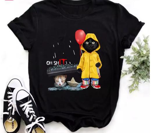 Funny Black Cat Print Tshirt for Women Casual White Top Harajuku Tees Female 90s Clothes Couples Clothing