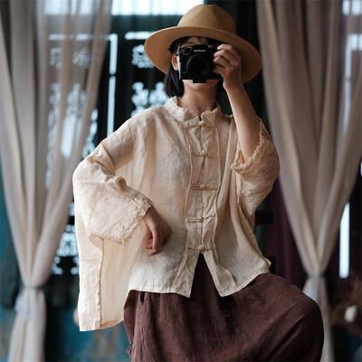Autumn Woman Chinese Style Washing Vintage Linen Shirt Long Sleeves Retro Loose O-Neck Solid Color Shirt