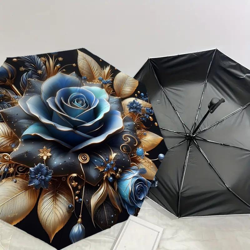 1PC Blue Rose Gold Leaf Umbrella-8-Rib Reinforced, Automatic Open, Lightweight & Durable, Cute Fashion Accessory for Outdoor-A1258