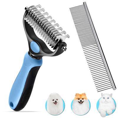 Pet Dog Grooming Rake & Metal Comb for Cats Double-Sided Deshedding Dog Brush for Long Haird Pets To Remove Tangles Knots & Mats
