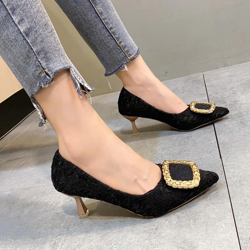 Temperament pointed high heels women's autumn new fashion pleated square buckle shallow mouth stiletto shoes