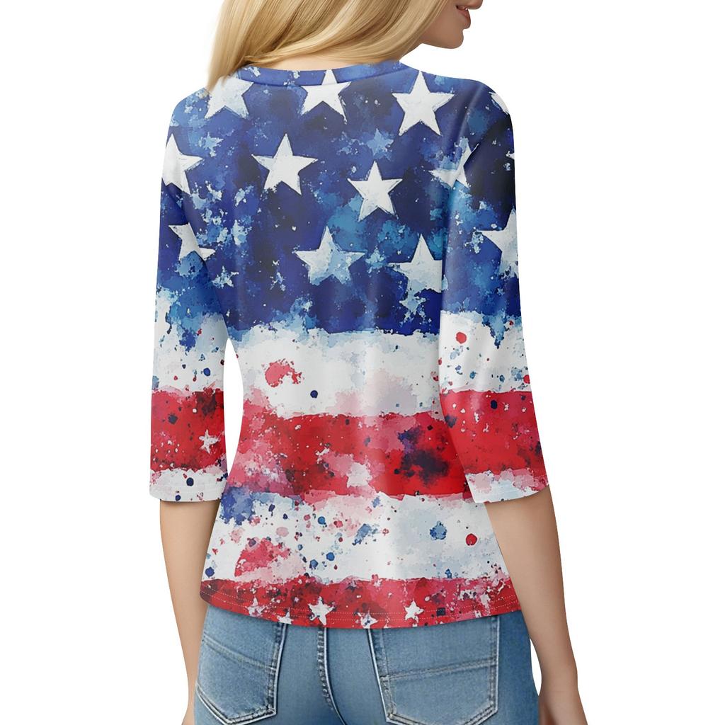 Damenmode Lässiges Rundhals-T-Shirt mit 3/4-Ärmeln und lockerem Aufdruck