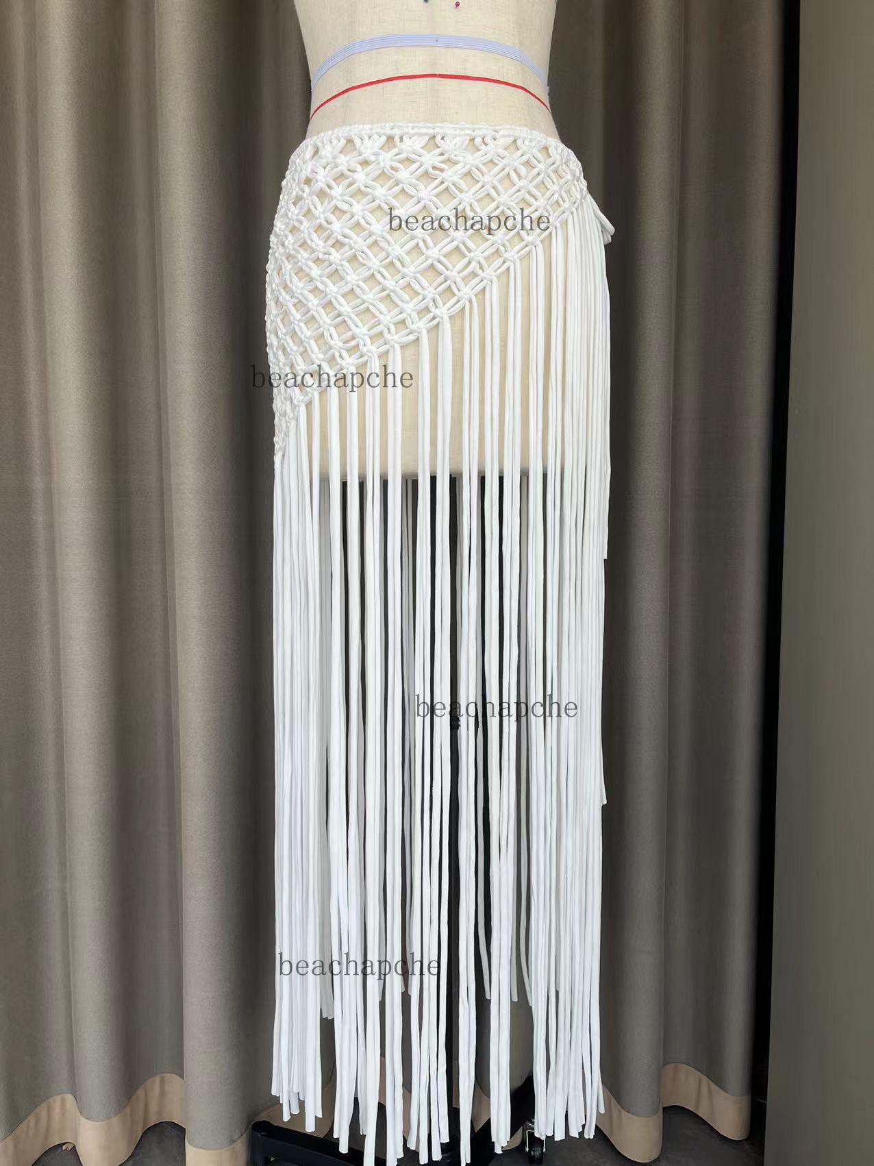 

Beachapche Вязаные крючком юбки с кисточками Женская модная сексуальная боковая высокая вязаная пляжная накидка S
