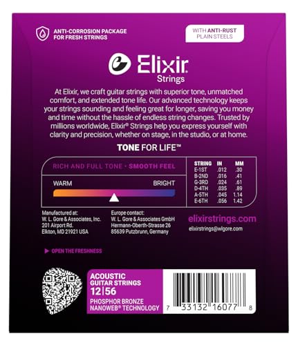 ELIXIR NANOWEB Phosphor Bronze Acoustic Guitar Strings, Light Medium, .012-.056, #16077 [Official Japanese Product]