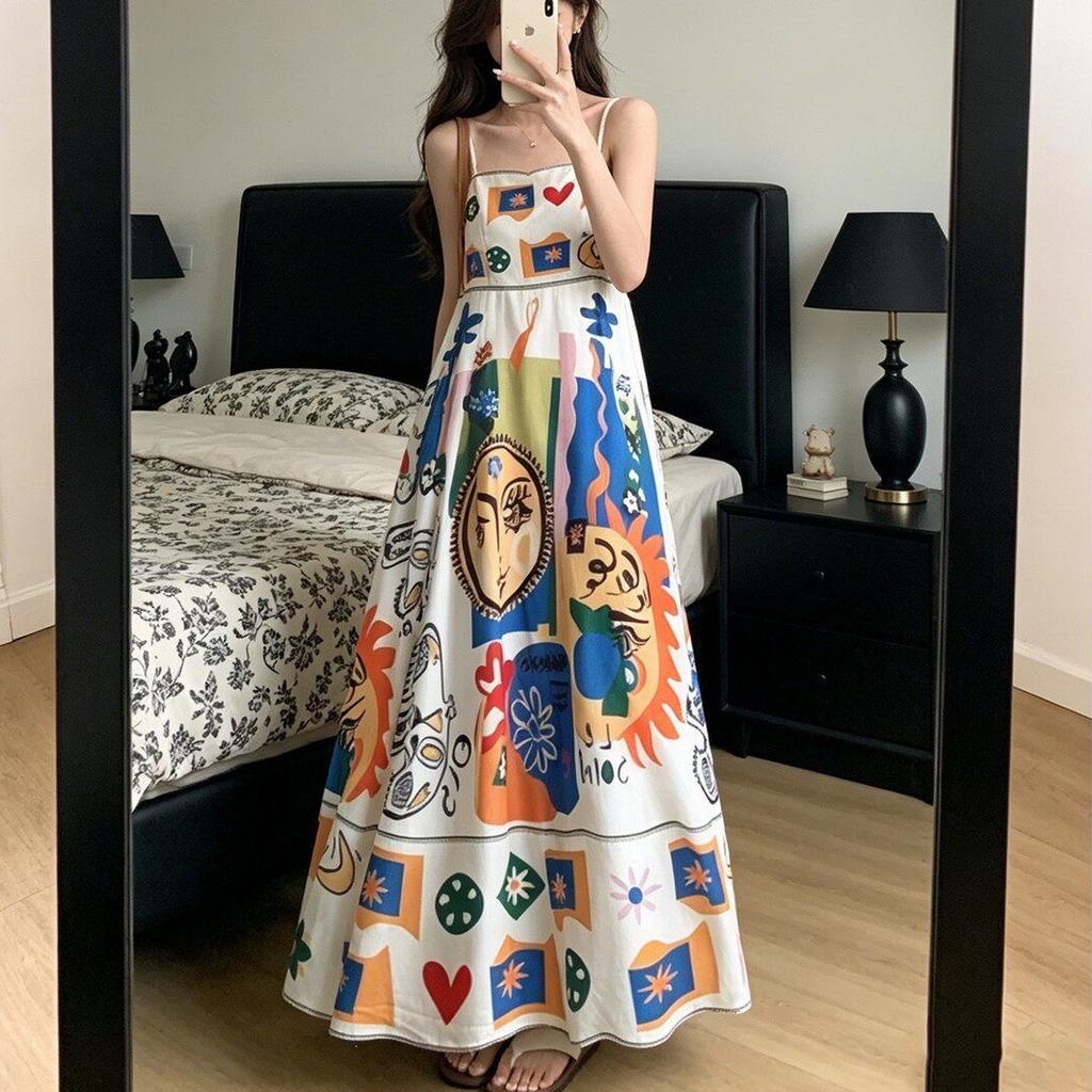 Large size dopamine wind color printing suspender dress women's summer vacation wind high waist big swing dress wholesale