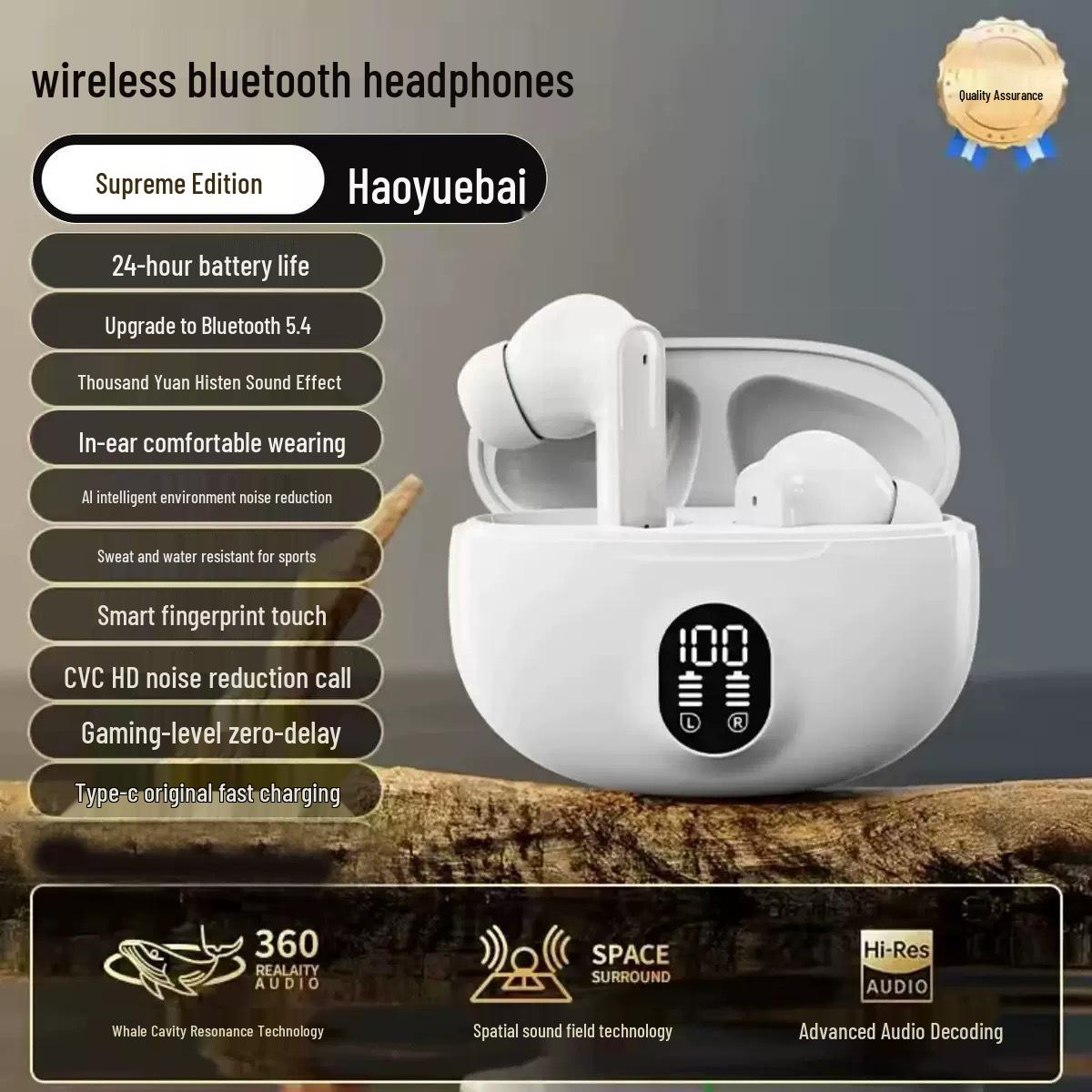 

2025 Smart Bluetooth Earphones: Wireless, Noise-Canceling, In-Ear with Display, Long Battery Life, Universal Fit білий