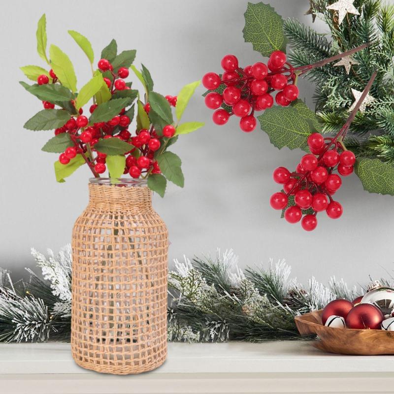 Artificial Simulated Plants Berry Branch Pine Grass Red Berries Flowers DIY Wreath Christmas Tree Ornaments Xmas Home Decoration