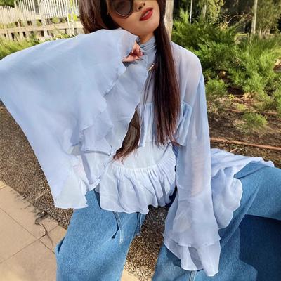 European and American Fashion Blue Flared Sleeve Ruffle Edge Shirt Top Women's Spring Design Sense Long Sleeve Shirt Women's Clothing