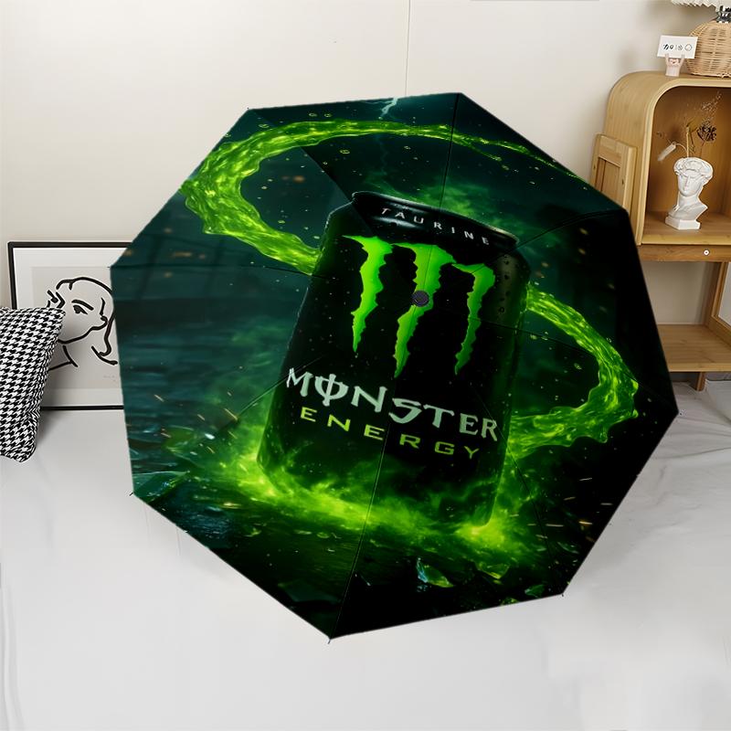 Monster Energy LOGO Print Automatic Umbrella, 8 Rib Iron Frame, Plastic Handle, Suitable for Outdoor Travel &Daily , Ideal Gift