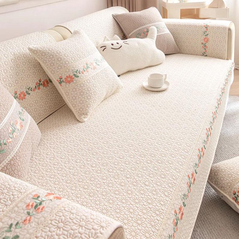Pure Cotton Lace 3D Embroidered Sofa Cushion Pastoral Non-Slip Sofa Cover for All Seasons Skin-Friendly Soft Furniture Protector