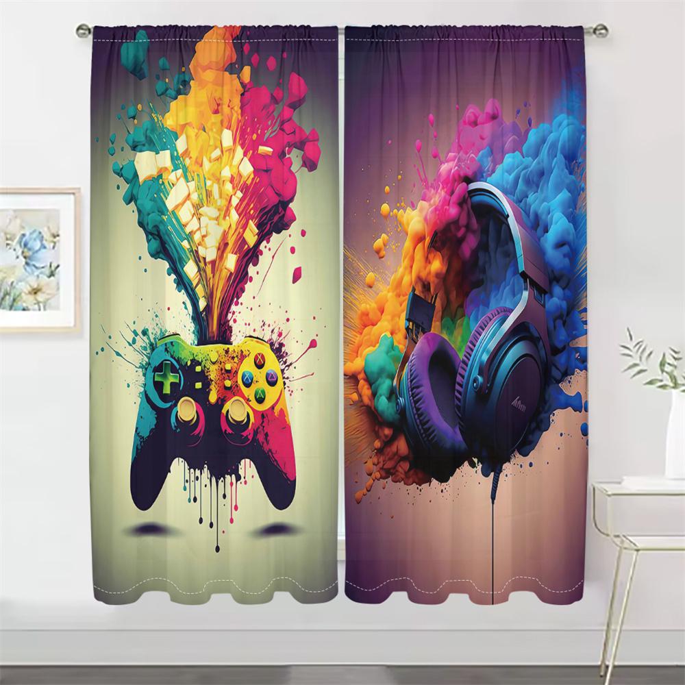 

2 шт. Современные шторы на игровую тематику, абстрактный красочный всплеск, узор с контроллером и наушниками, декор для гостиной, спальни, подростковой комнаты 29.5W65H(inch)x2Pcs&Rod Pocket
