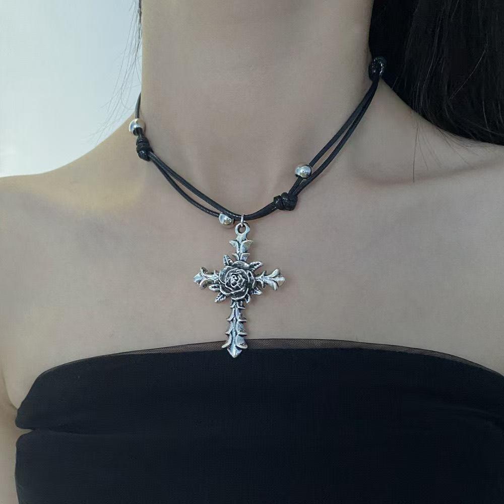 Dark Night Thorns Cross Stars Multi-layer Choker Necklace Spice Girl Black Leather Necklace